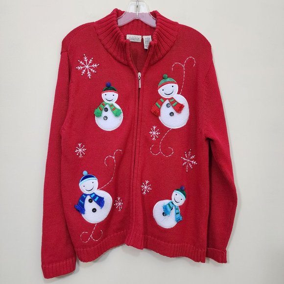 Vintage Classic Elements Christmas snowman zip front cardigan sweater woman's L - Picture 1 of 8
